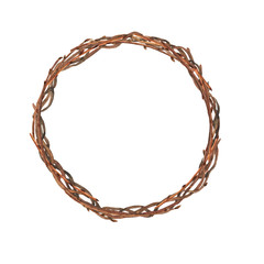 Illustration with wreath of twigs of trees on white background for decoration design. Ornament decorative background. Winter festive natural decoration. Card template.