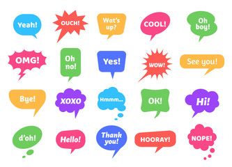 Bubble labels. Abstract doodle speech bubbles with different phrases, text labels and empty thought clouds modern vector icons set. Bright dialogue clouds pack isolated on white background