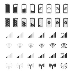 Battery and connection icons. Smartphone charge level, wifi and gsm signal strength, battery energy full and empty status UI elements vector isolated icons set. Mobile interface symbols