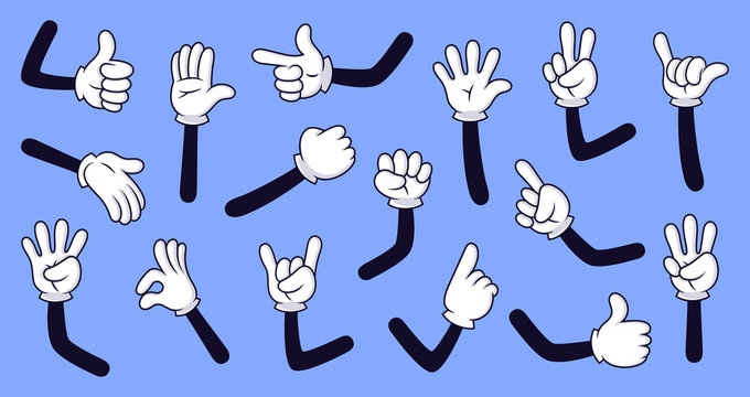 Cartoon gloved arms. Comic hands in gloves, retro doodle arms with different gestures vector isolated illustration icons set. Showing numbers, pointing with finger. Rock sign, thumb up, high five