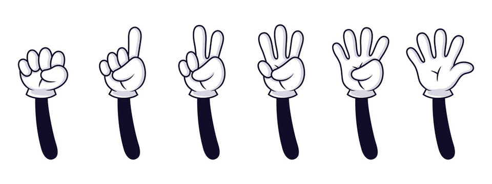 Cartoon hand numbers. Gesture counting sign, hands in white gloves count to five vector isolated illustration set. Cartoon character finger counting. Gloved hands teaching numbers. Arm gestures
