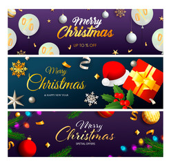 Naklejka premium Merry Christmas Sale banner set with balloons