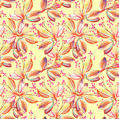 Twigs and leaves with berries, seamless pattern.