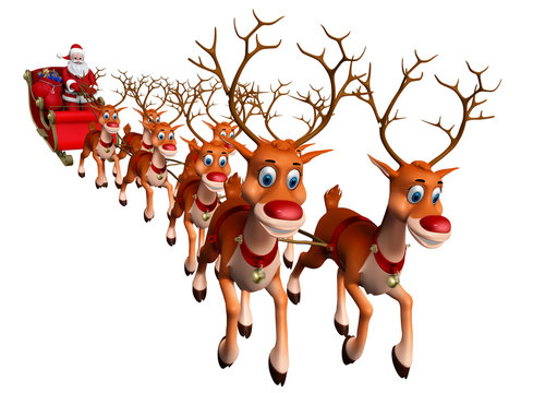 3D Illustration of Santa Claus rides reindeer sleigh