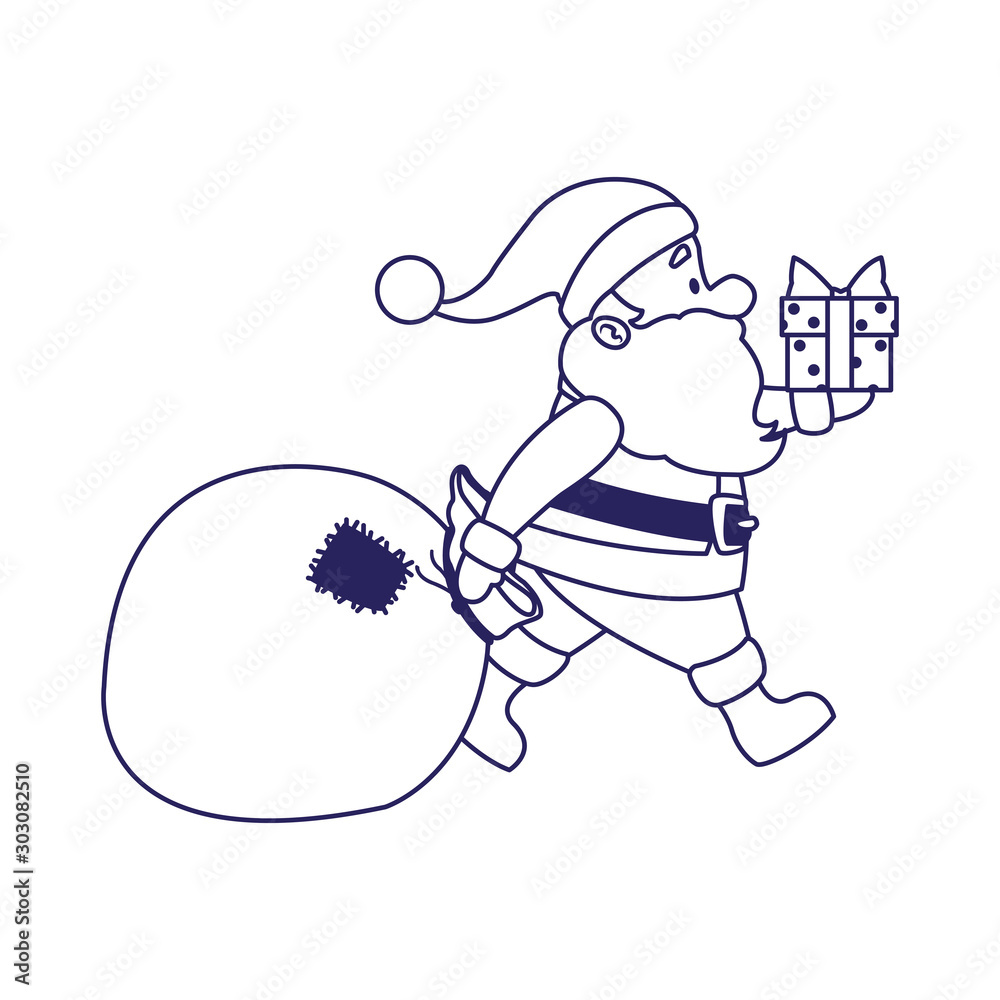 Poster cartoon santa claus with gift box and big bag, flat design