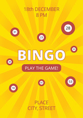 Bingo promotion poster with yellow glowing background and red balls. Stylish vector flyer, invitation or banner for lottery. A4 standard scaled format