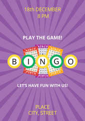 Bingo poster templates with violet background, balls and lottery tickets. Vector flyer, card or banner for festive event with sample text. A4 standard scaled format
