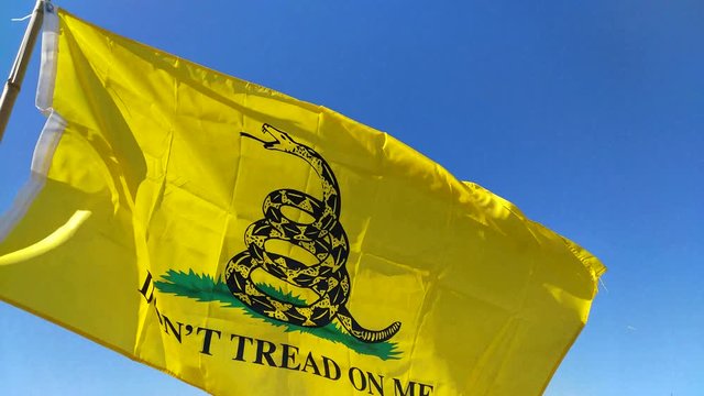 This is a video of the Gadsden flag blowing in the wind.  This flag is yellow and depicts a Timber Rattlesnake with the famous phrase don't tread on me.