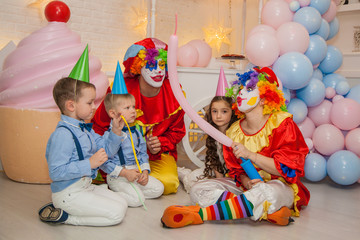 Clowns from the circus on the birthday of a child. Party for children.
