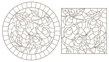 Set contour illustrations of stained glass, the branch of a plum tree with ripe fruits, dark contour on white background