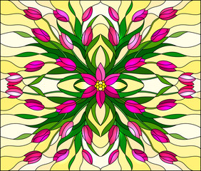 Illustration in stained glass style with floral arrangement, pink tulips on a yellow background