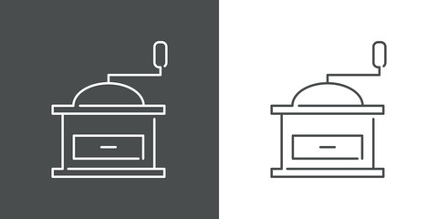 Icono plano lineal molinillo de café en fondo gris y fondo blanco