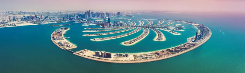 Rolgordijnen Aerial view on Palm Jumeira island in Dubai, UAE, on a summer day. © Funny Studio