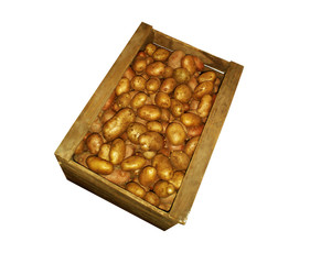 Wooden box with potatoes on a white background