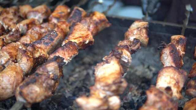 Barbeque meat roasting on skewers