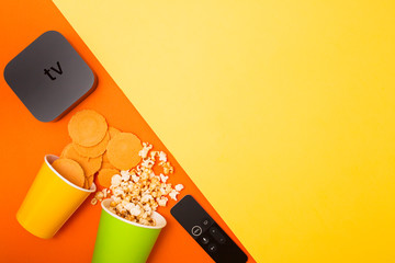 Remote control devices concept. Set of controller and micro console for TV watching and online...