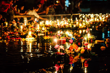BANGKOK THAILAND - NOVEMBER 11 : Loy Krathong festival, Night shot of thai people celebrating full...