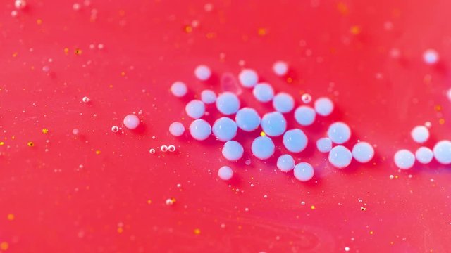 Bright Collors Bubbles Slow Motion Oil Ink. Structure of colorful chaotic motion bubbles. Bright Collors Bubbles. Pink and blue Bubblegum flavor background. Drops of colors moving. Pop Bubbles