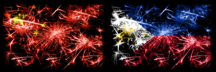 China, Chinese vs Philippines, Filipino New Year celebration travel sparkling fireworks flags concept background. Combination of two abstract states flags.