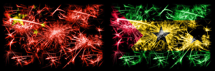 China, Chinese vs Sao Tome and Principe New Year celebration travel sparkling fireworks flags...