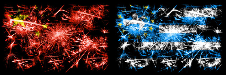 China, Chinese vs South Cameroon New Year celebration travel sparkling fireworks flags concept background. Combination of two abstract states flags.