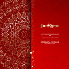 Greeting card or invitation template with golden ornament and confetti. Design for any purposes: wedding, birthday, anniversary or christmas