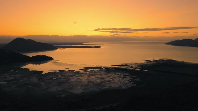 Sunrise at Lake Skadar, Montenegro. Pedestal shot. Aerial, drone footage.