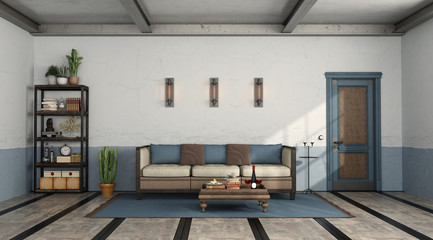 Retro living room with old sofa and closed door