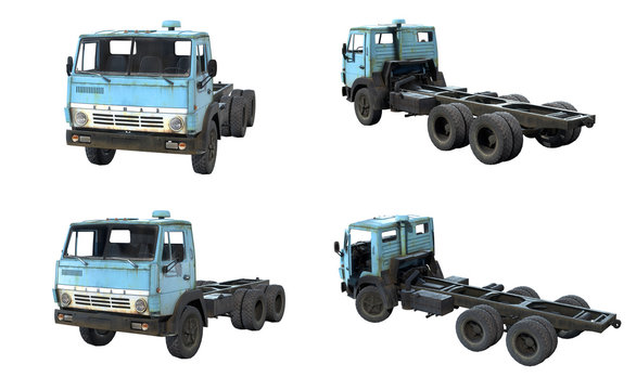 Set of 3d-renders of rusty Soviet truck Kamaz 5320
