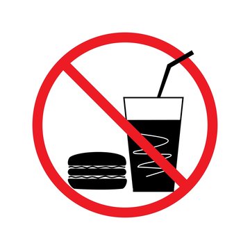 No food and drink set sign. Silhouette hamburger drink in red circle. Sign no meal on white background. Label no eating. Symbol forbidden fast food for poster banner. Card warning. Vector illustration