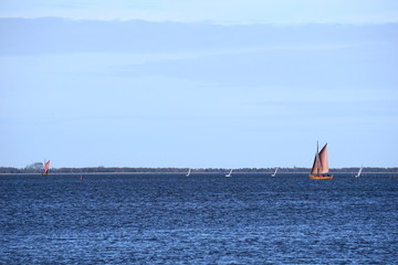 Segler auf dem Saaler Bodden bei Ribnitz-Damgarten im Herbst, Halbinsel Fischland, Mecklenburg-Vorpommern