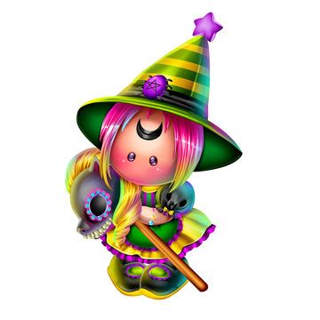 Cute little witch with a toy horse on a stick with a skeleton head. Trick or treat Halloween design.