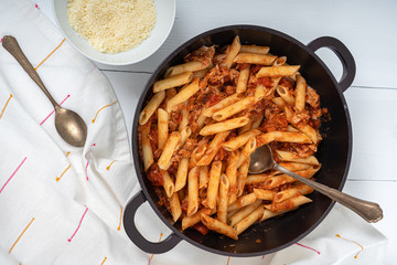 Tomato And Tuna Fish Penne Pasta With Parmesan