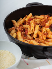 Tomato And Tuna Fish Penne Pasta With Parmesan