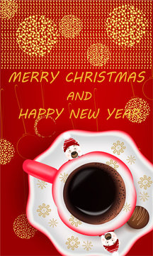 Cup of coffee with Christmas design on abstract background