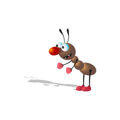 A little cartoony brown ant stands crouched and smiles. Isolated on a white background with a shadow.