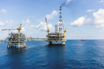 Offshore production platform connected with bridge at oil field