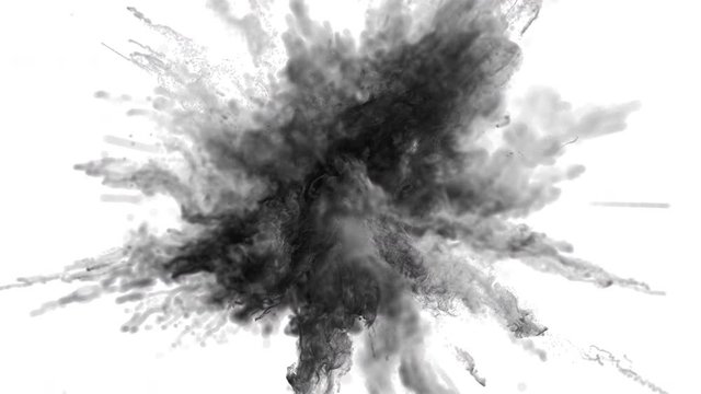 Cg animation of black powder explosion on white background. Macro. Slow motion movement with acceleration in the beginning. Has alpha matte.
