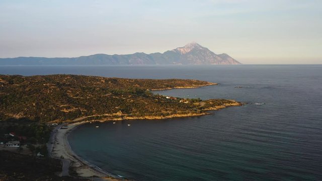 Aerial landscape of Valti beach and Aton peak, Sithonia, Chalkidiki, Greece