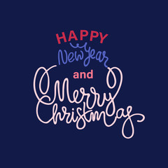 Naklejka na ściany i meble Happy New Year and Merry Christmas greeting design. Hand lettering on deep blue background