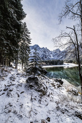 first snow at the mountain lake