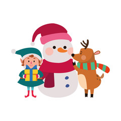 christmas elf and deer with snowman icon, flat design