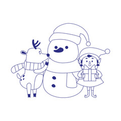 cartoon snowman with christmas elf and deer