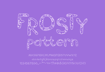 Hand drawn frosty alphabet. Capital and small vector letters, numbers with winter pattern, on lilac background. Fancy typeface for modern Christmas and New year designs