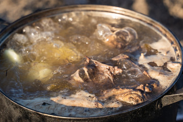 boiling duck in a pan on a fire