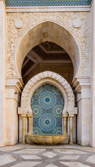 Sightseeing of Casablanca, Morocco. The Hassan II Mosque is the largest mosque in Morocco. Ornament on the wall, details of facade decoration