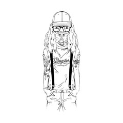 Humanized Gordon Setter breed dog with tattoo dressed up in modern city outfits. Design for dogs lovers. Fashion anthropomorphic doggy illustration. Animal wear t-shirt, jeans, cap, bandana, glasses