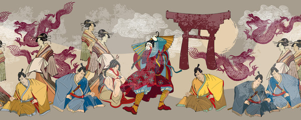 Dragon, samurai and geishas. Ancient illustration. Classical engraving art. Asian culture. Japanese horizontal seamless pattern. Kabuki actors. Medieval Japan background