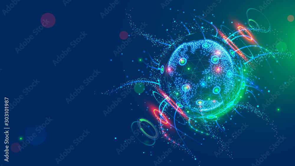 Poster Global satellite internet technology background. Earth in space enmeshed network line of data flow. Abstract esoteric concept information fields. Tech future illustration digital planet in cyberspace