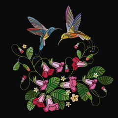Obraz premium Embroidery flowers bells and two humming birds. Fashionable template for design of clothes. Summer garden art